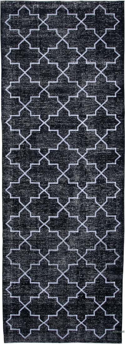 Siyah İşlemeli ve Boyalı El Dokuma Vintage Halı - 145 cm x 405 cm