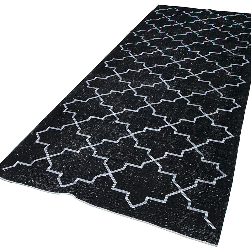 Negro Alfombra Turca bordada sobre teñida vintage - 142 cm x 350 cm - K0038806