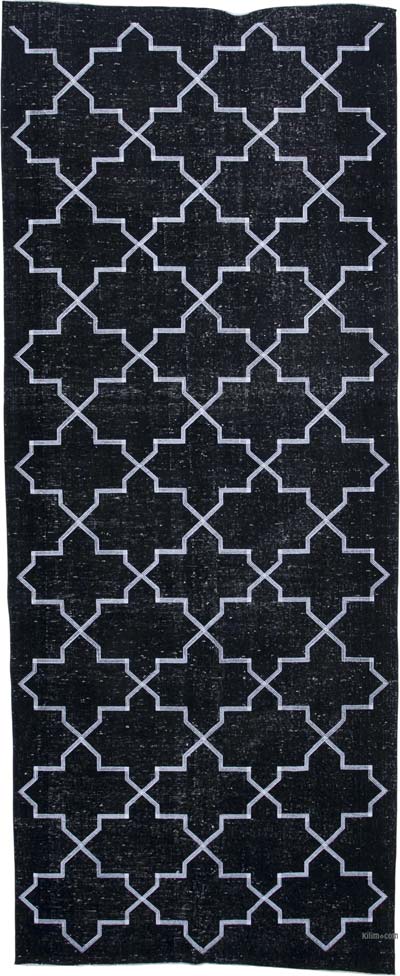 Siyah İşlemeli ve Boyalı El Dokuma Vintage Halı - 142 cm x 350 cm