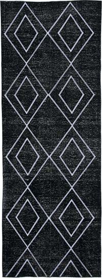 Siyah İşlemeli ve Boyalı El Dokuma Vintage Halı - 129 cm x 361 cm