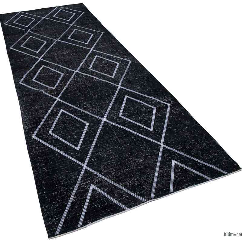 Black Embroidered Over-dyed Turkish Vintage Runner - 4' 3" x 11' 10" (51 in. x 142 in.) - K0038807