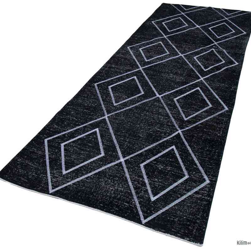 Black Embroidered Over-dyed Turkish Vintage Runner - 4' 3" x 11' 10" (51 in. x 142 in.) - K0038807