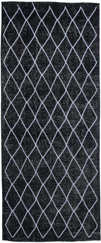 Siyah İşlemeli ve Boyalı El Dokuma Vintage Halı - 145 cm x 350 cm