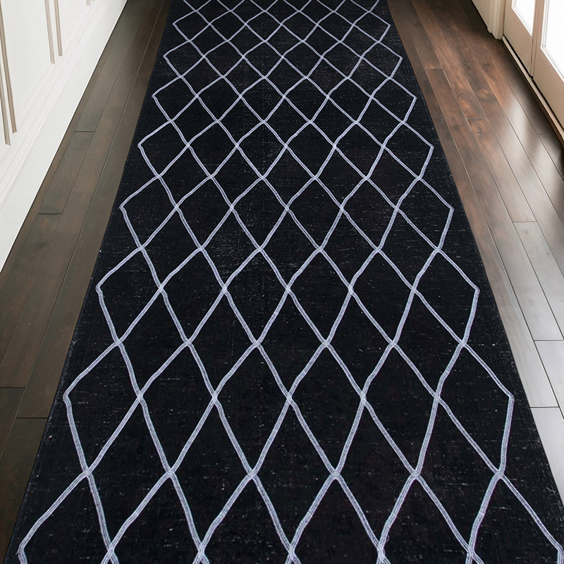 Negro Alfombra Turca bordada sobre teñida vintage - 148 cm x 382 cm - K0038809