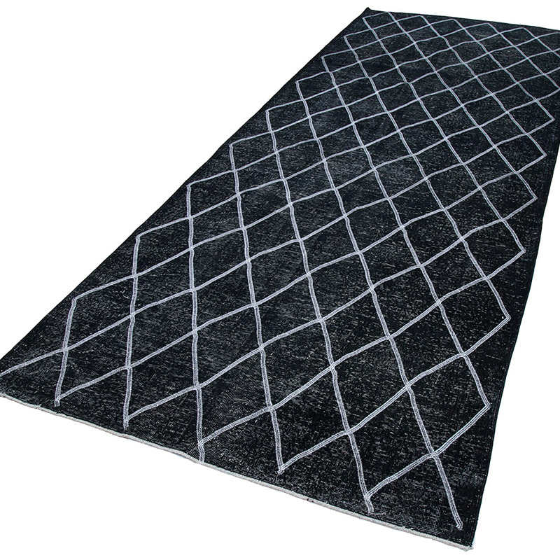 Siyah İşlemeli ve Boyalı El Dokuma Vintage Halı - 145 cm x 388 cm - K0038810