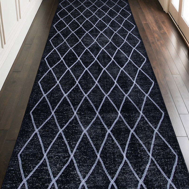 Negro Alfombra Turca bordada sobre teñida vintage - 145 cm x 388 cm - K0038810