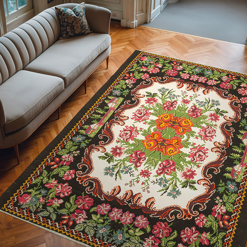 Vintage Handwoven Moldovan Kilim Rug - 6' 10" x 8' 10" (82" x 106") - K0038990