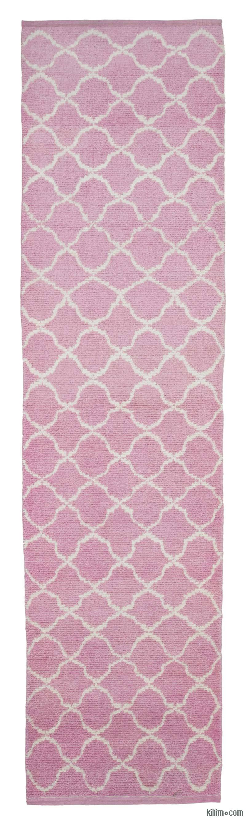 Pink New Moroccan Style Hand-Knotted Wool Runner Rug - 3' 1" x 12'  (37 in. x 144 in.) - K0039314