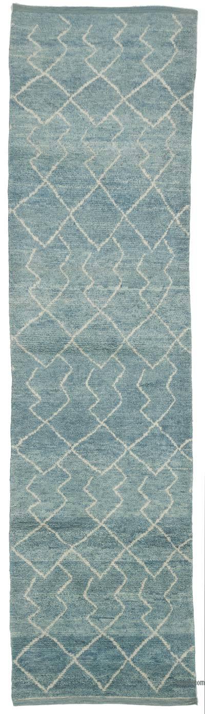 Blue New Moroccan Style Hand-Knotted Wool Runner Rug - 3' 1" x 11' 11" (37 in. x 143 in.)
