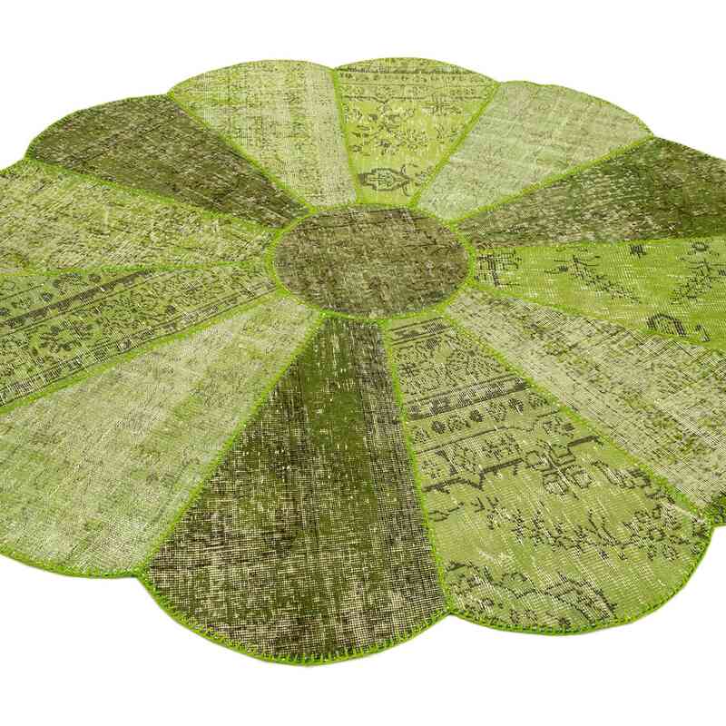 Green Round Patchwork Hand-Knotted Turkish Rug - 6' 7" x 6' 7" (79 in. x 79 in.) - K0039395
