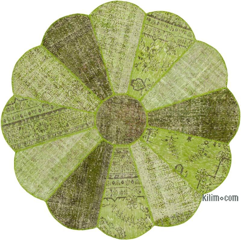 Green Round Patchwork Hand-Knotted Turkish Rug - 6' 7" x 6' 7" (79 in. x 79 in.) - K0039395