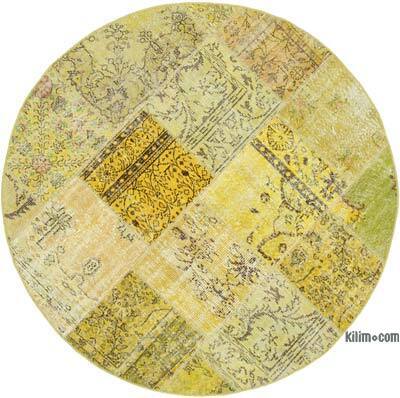 Sarı Yuvarlak Boyalı Patchwork Halı - 196 cm x 196 cm