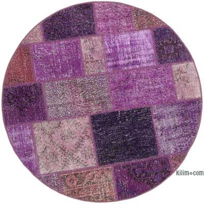 Purple Round Patchwork Hand-Knotted Turkish Rug - 4' 9" x 4' 9" (57 in. x 57 in.)