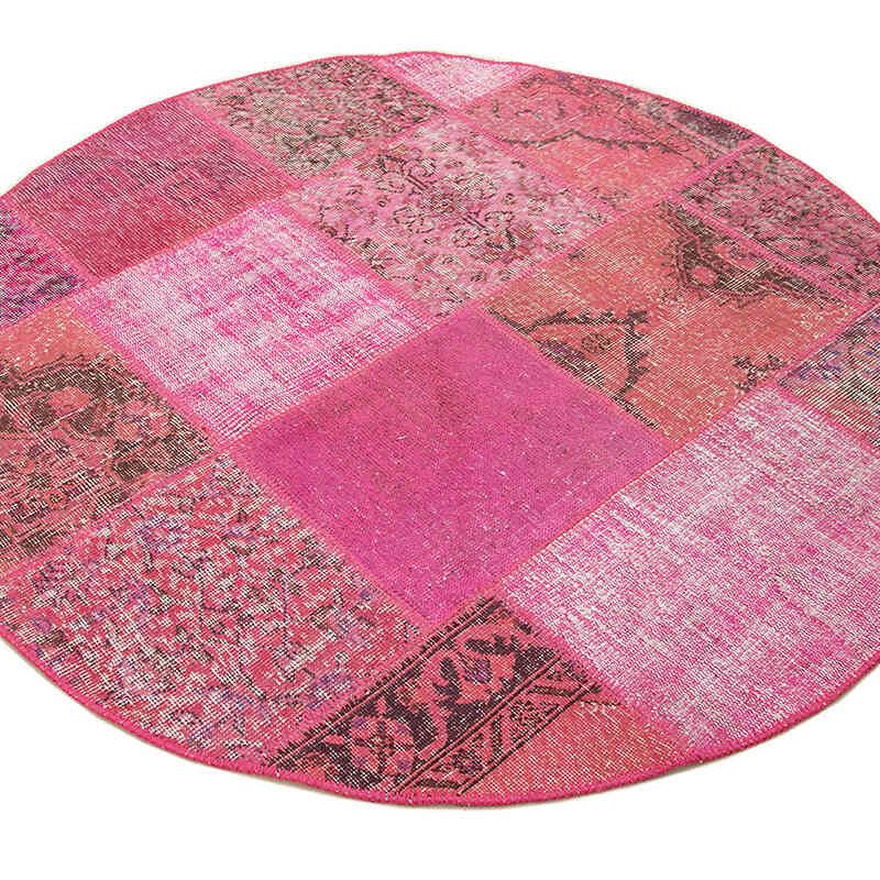 Pink Round Patchwork Hand-Knotted Turkish Rug - 4' 10" x 4' 10" (58" x 58") - K0039414