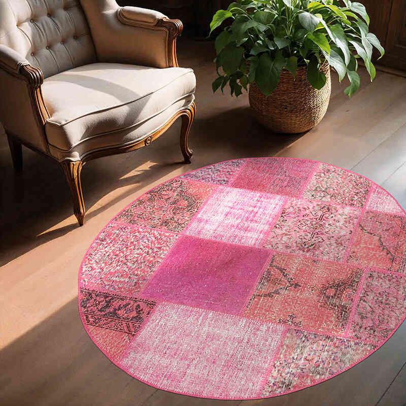 Pink Round Patchwork Hand-Knotted Turkish Rug - 4' 10" x 4' 10" (58" x 58") - K0039414