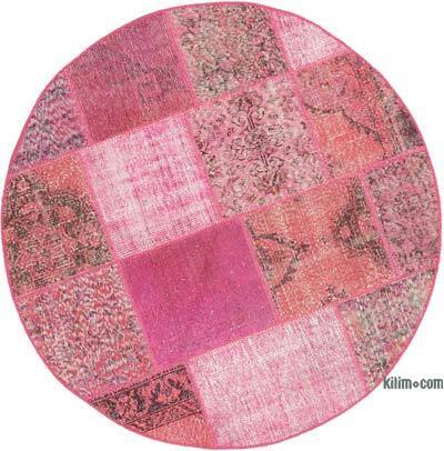 Pembe Yuvarlak Boyalı Patchwork Halı - 148 cm x 148 cm