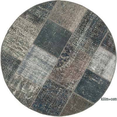Gri Yuvarlak Boyalı Patchwork Halı - 154 cm x 154 cm