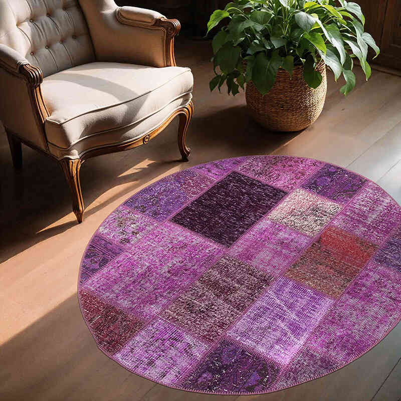 Mor Yuvarlak Boyalı Patchwork Halı - 145 cm x 145 cm - K0039421