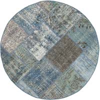 Blue Round Patchwork Hand-Knotted Turkish Rug - 5' 1" x 5' 1" (61" x 61")