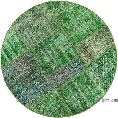 Green Round Patchwork Hand-Knotted Turkish Rug - 5'  x 5'  (60 in. x 60 in.)