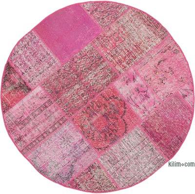 粉色圆形拼布手工打结土耳其地毯- 5英尺1英寸x5英尺1英寸(61英寸)。x 61。)