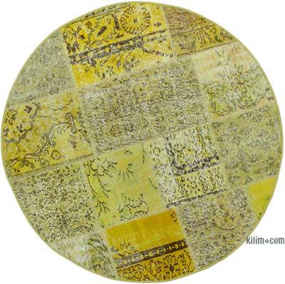 Yellow Round Patchwork Hand-Knotted Turkish Rug - 4' 11" x 4' 11" (59 in. x 59 in.)