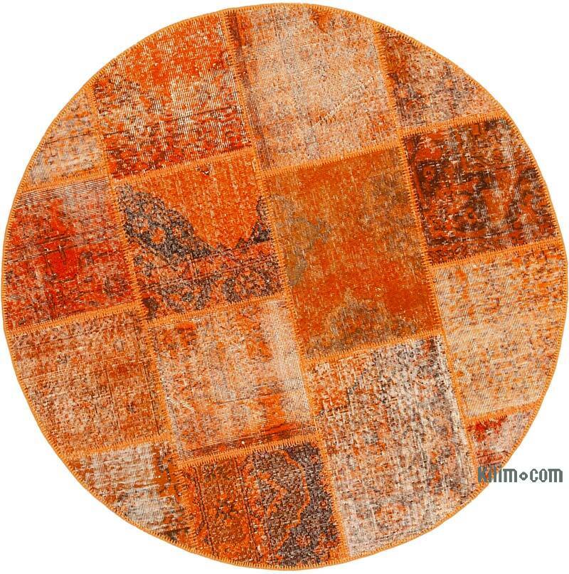 Turuncu Yuvarlak Boyalı Patchwork Halı - 150 cm x 150 cm - K0039429
