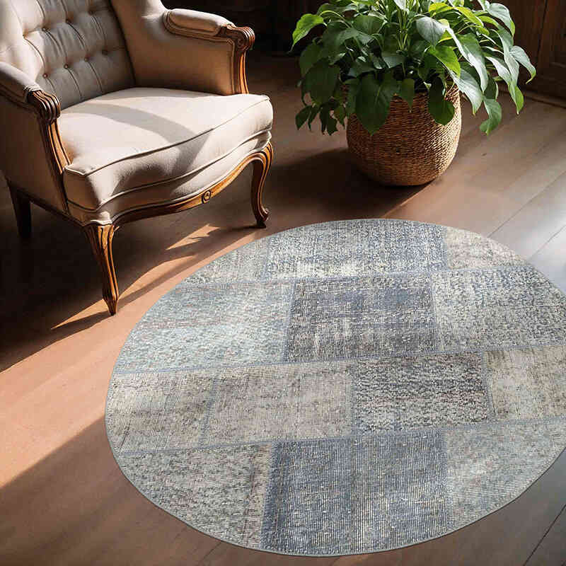 Round Patchwork Hand-Knotted Turkish Rug - 4' 6" x 4' 6" (54" x 54") - K0039439