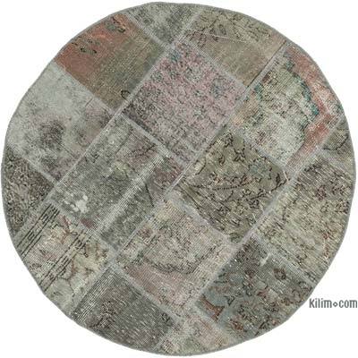 Grey Round Patchwork Hand-Knotted Turkish Rug - 5' 1" x 5' 1" (61 in. x 61 in.)