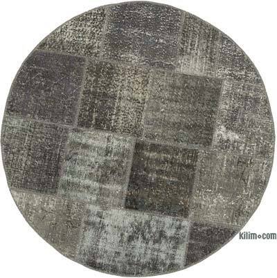 Grey Round Patchwork Hand-Knotted Turkish Rug - 5'  x 5'  (60 in. x 60 in.)
