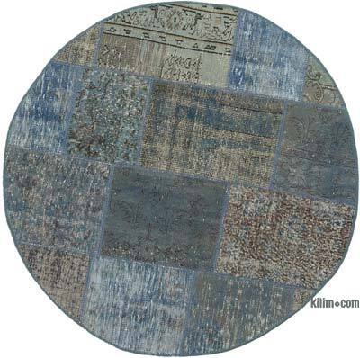 Mavi Yuvarlak Boyalı Patchwork Halı - 154 cm x 154 cm