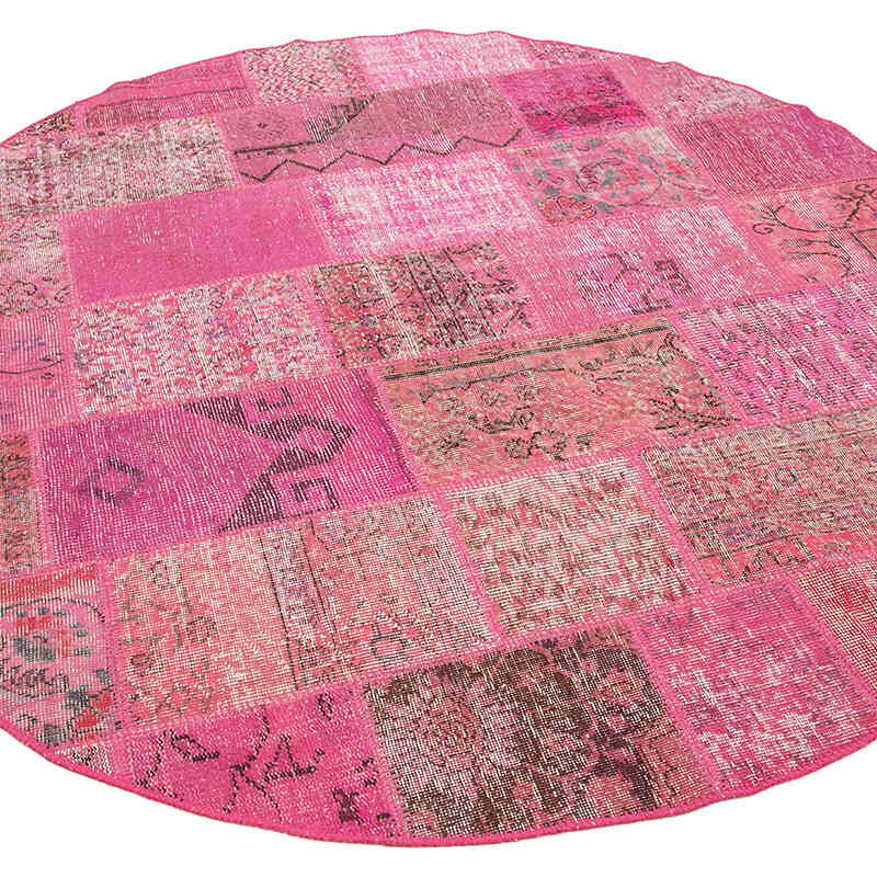 Pembe Yuvarlak Boyalı Patchwork Halı - 197 cm x 197 cm - K0039502