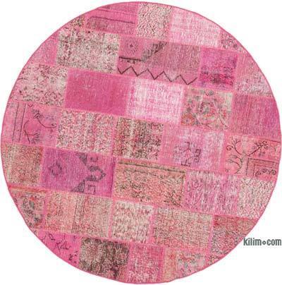Pembe Yuvarlak Boyalı Patchwork Halı - 197 cm x 197 cm