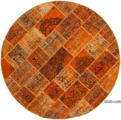 Orange Round Patchwork Hand-Knotted Turkish Rug - 6' 7" x 6' 7" (79 in. x 79 in.)