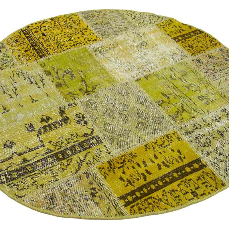 Yellow Round Patchwork Hand-Knotted Turkish Rug - 4' 10" x 4' 10" (58 in. x 58 in.) - K0039506