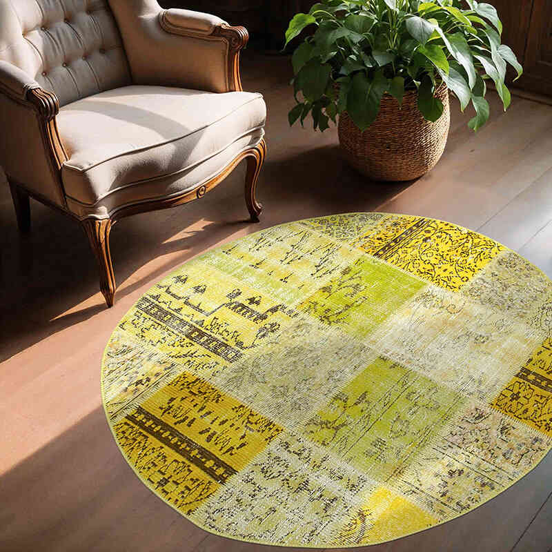 Amarillo Alfombra De Retazos Turca Sobre-Teñida - 147 cm x 147 cm - K0039506