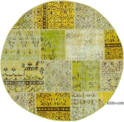 Yellow Round Patchwork Hand-Knotted Turkish Rug - 4' 10" x 4' 10" (58 in. x 58 in.)