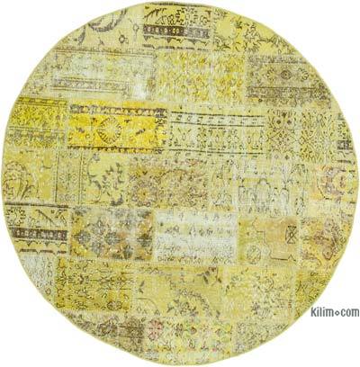 Sarı Yuvarlak Boyalı Patchwork Halı - 195 cm x 195 cm
