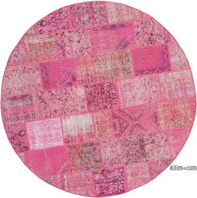 Pembe Yuvarlak Boyalı Patchwork Halı - 196 cm x 196 cm