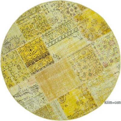 Yellow Round Patchwork Hand-Knotted Turkish Rug - 6' 5" x 6' 5" (77 in. x 77 in.)