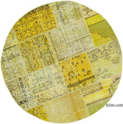 Yellow Round Patchwork Hand-Knotted Turkish Rug - 6' 5" x 6' 5" (77 in. x 77 in.)