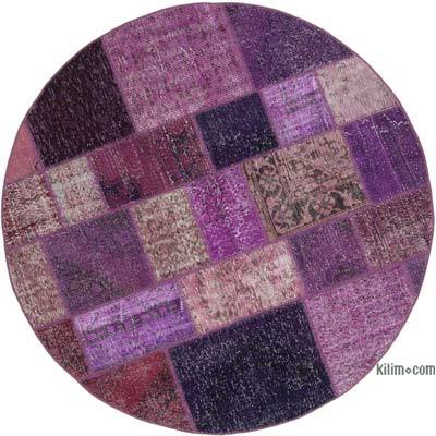 Mor Yuvarlak Boyalı Patchwork Halı - 193 cm x 193 cm