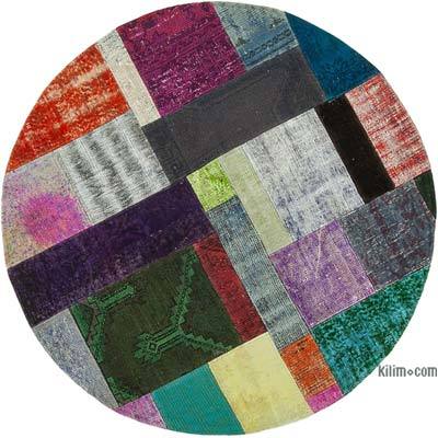 Multicolor Round Patchwork Hand-Knotted Turkish Rug - 4' 11" x 4' 11" (59 in. x 59 in.)