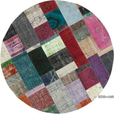多色圆形拼布手工打结的土耳其地毯-6'7“ x 6'7”（79英寸x 79英寸）