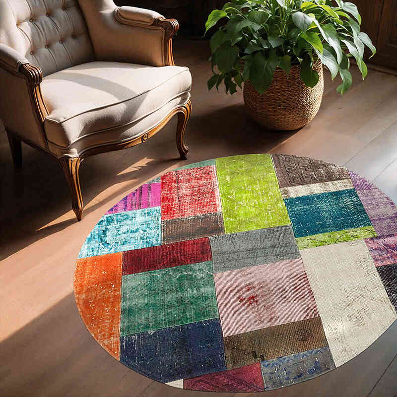 Multicolor Alfombra De Retazos Turca Sobre-Teñida - 150 cm x 150 cm - K0039532