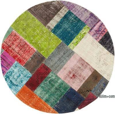 Çok Renkli Yuvarlak Boyalı Patchwork Halı - 150 cm x 150 cm