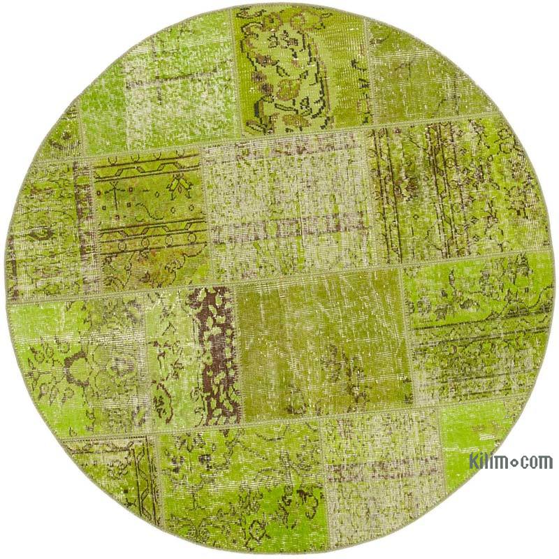Yeşil Yuvarlak Boyalı Patchwork Halı - 150 cm x 150 cm - K0039539