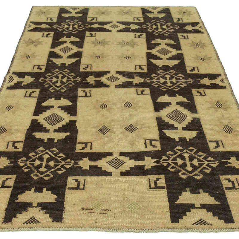 Beige, Brown All Wool Hand-Knotted Vintage Turkish Rug - 3' 6" x 6' 2" (42 in. x 74 in.) - K0039855