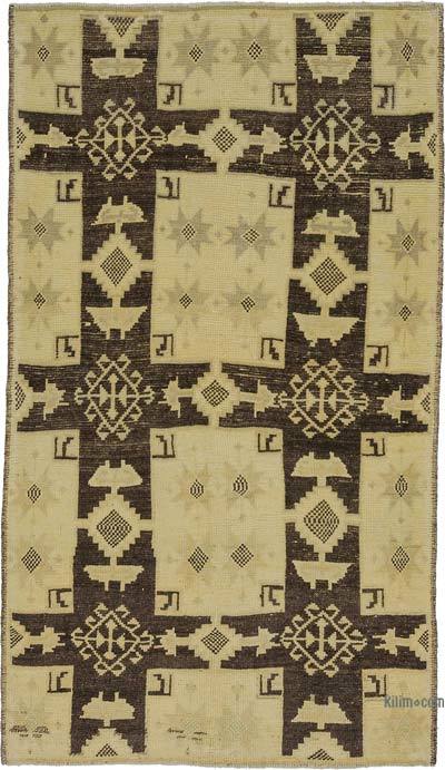 Beige, Brown All Wool Hand-Knotted Vintage Turkish Rug - 3' 6" x 6' 2" (42 in. x 74 in.)