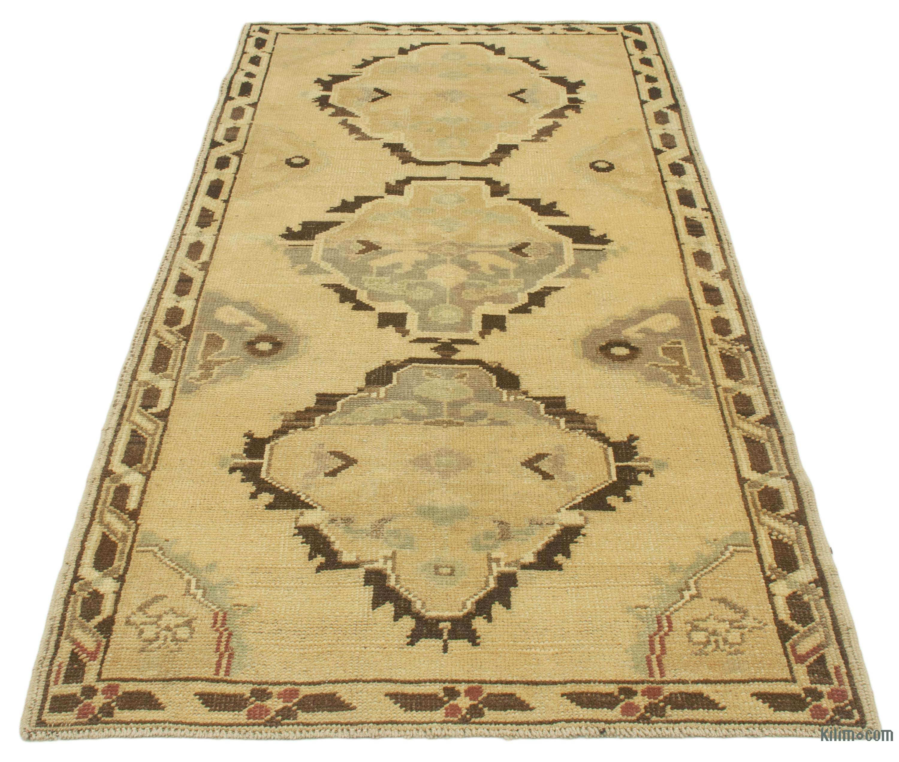 K0039936 Beige, Brown All Wool Hand Knotted Vintage Area Rug - 2' 9